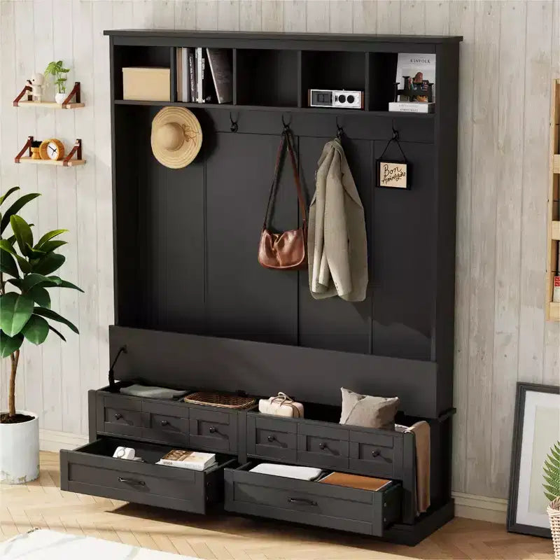 Okak Appendiabiti da Ingresso Elegante con 5 Ganci, Ampio Appendiabiti con Panca Contenitore a Ribalta e 2 Cassetti, Appendiabiti per Soggiorno, Ingresso, Nero