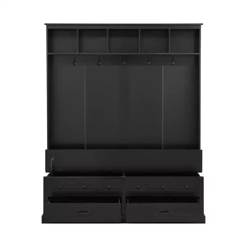 Okak Appendiabiti da Ingresso Elegante con 5 Ganci, Ampio Appendiabiti con Panca Contenitore a Ribalta e 2 Cassetti, Appendiabiti per Soggiorno, Ingresso, Nero