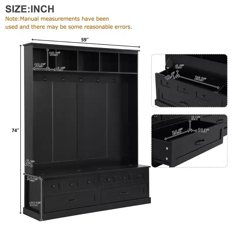 Okak Appendiabiti da Ingresso Elegante con 5 Ganci, Ampio Appendiabiti con Panca Contenitore a Ribalta e 2 Cassetti, Appendiabiti per Soggiorno, Ingresso, Nero