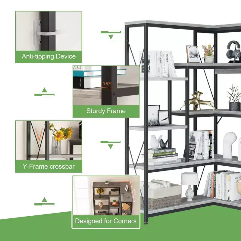 Celebalcony Scaffale angolare a 5 ripiani, libreria a L alta 180 cm, scaffale angolare espositivo con struttura in metallo per soggiorno e ufficio