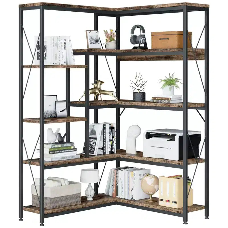 Celebalcony Scaffale angolare a 5 ripiani, libreria a L alta 180 cm, scaffale angolare espositivo con struttura in metallo per soggiorno e ufficio