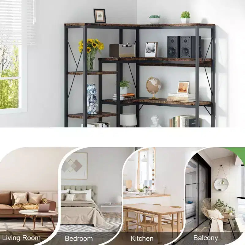Celebalcony Scaffale angolare a 5 ripiani, libreria a L alta 180 cm, scaffale angolare espositivo con struttura in metallo per soggiorno e ufficio