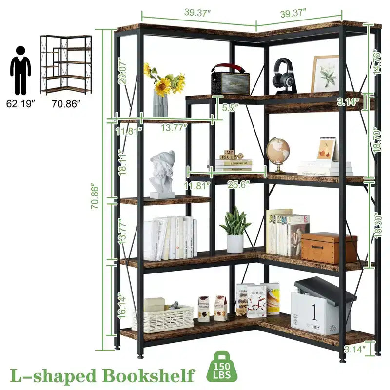 Celebalcony Scaffale angolare a 5 ripiani, libreria a L alta 180 cm, scaffale angolare espositivo con struttura in metallo per soggiorno e ufficio