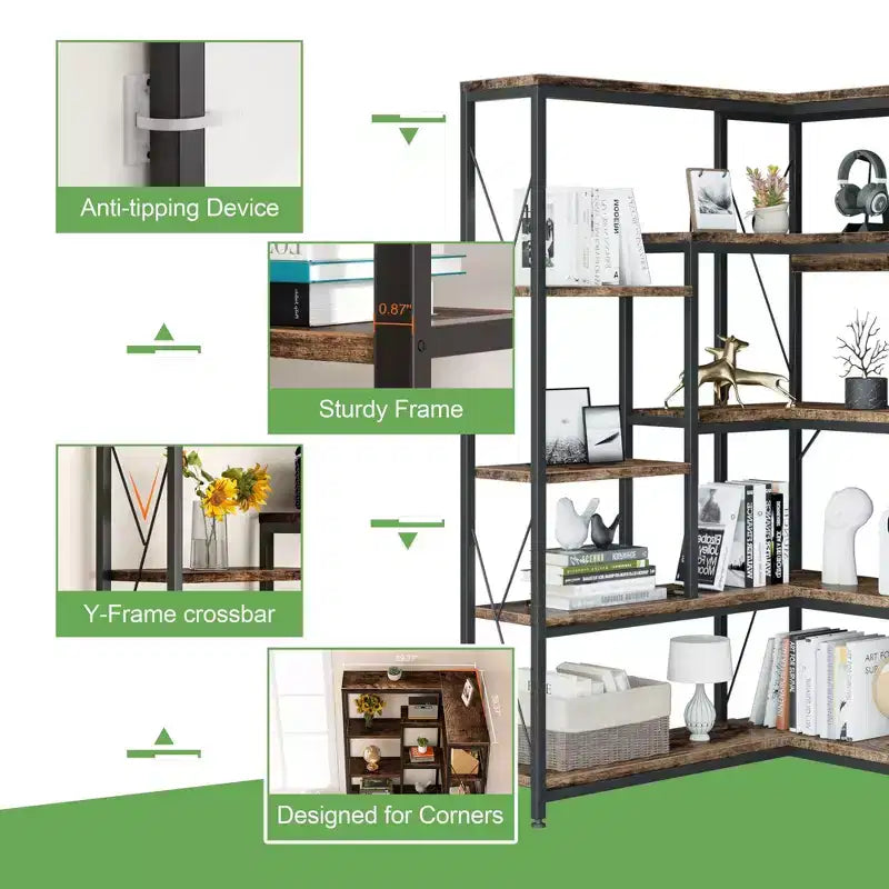 Celebalcony Scaffale angolare a 5 ripiani, libreria a L alta 180 cm, scaffale angolare espositivo con struttura in metallo per soggiorno e ufficio