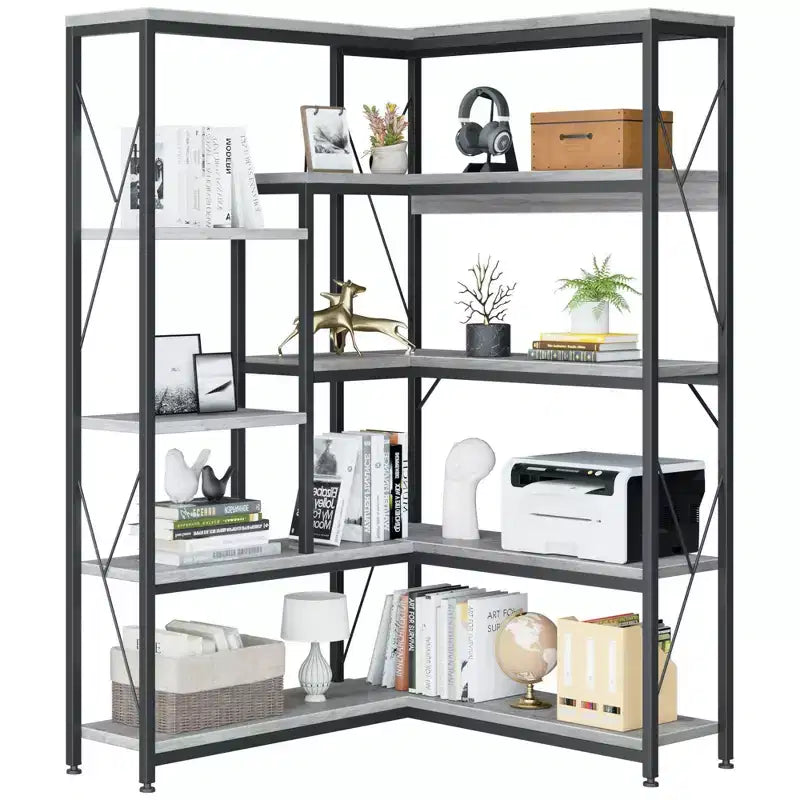 Celebalcony Scaffale angolare a 5 ripiani, libreria a L alta 180 cm, scaffale angolare espositivo con struttura in metallo per soggiorno e ufficio