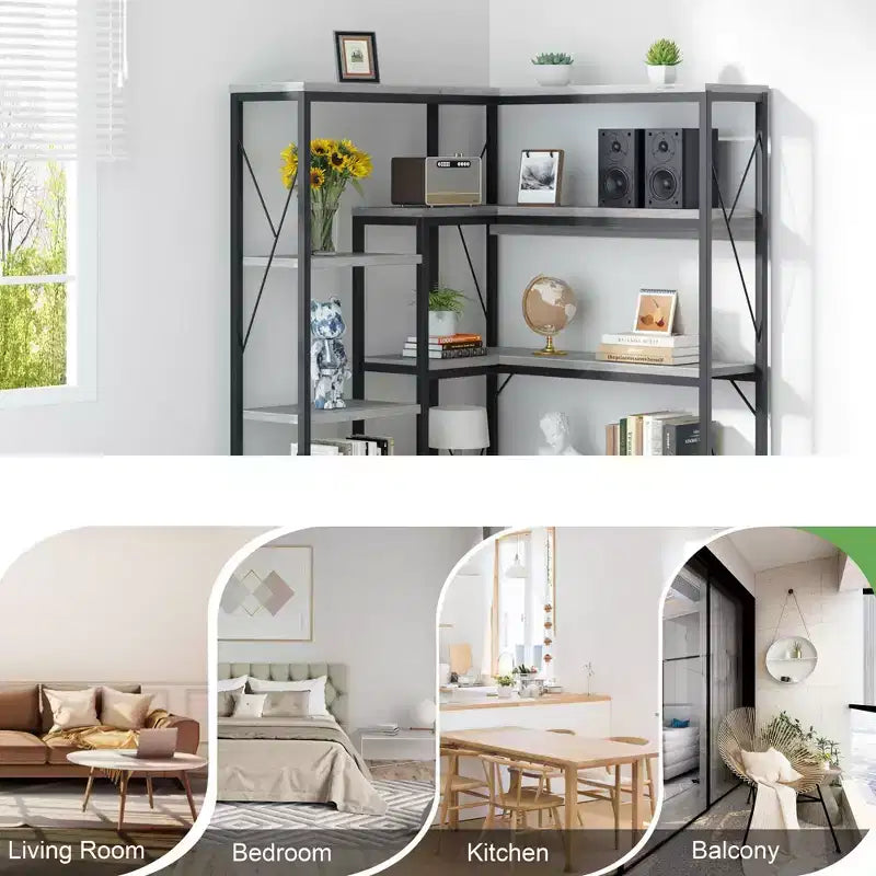 Celebalcony Scaffale angolare a 5 ripiani, libreria a L alta 180 cm, scaffale angolare espositivo con struttura in metallo per soggiorno e ufficio