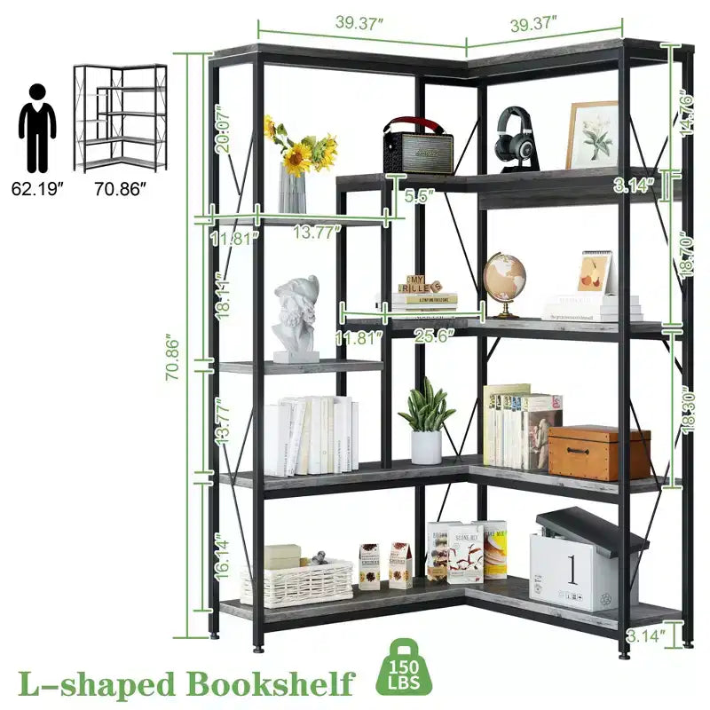 Celebalcony Scaffale angolare a 5 ripiani, libreria a L alta 180 cm, scaffale angolare espositivo con struttura in metallo per soggiorno e ufficio