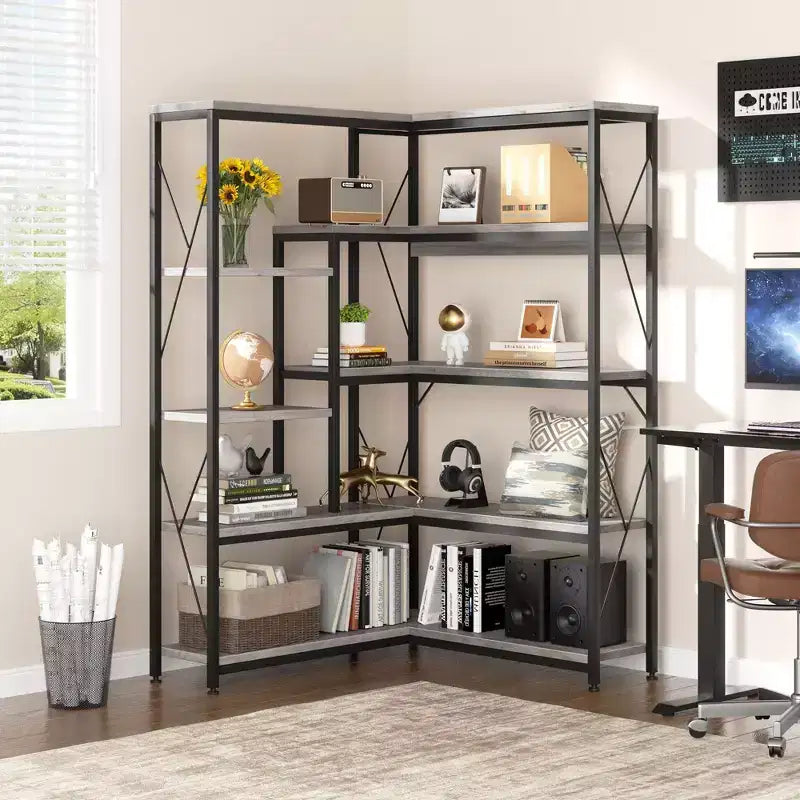Celebalcony Scaffale angolare a 5 ripiani, libreria a L alta 180 cm, scaffale angolare espositivo con struttura in metallo per soggiorno e ufficio