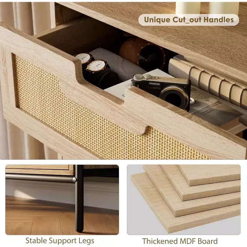 COZONY Cassettiera a 5 cassetti in Rattan Naturale, Comodino Moderno in Legno Stile Fattoria con Solide Gambe in Metallo, Mobile Contenitore per Camera da Letto, Ingresso e Soggiorno
