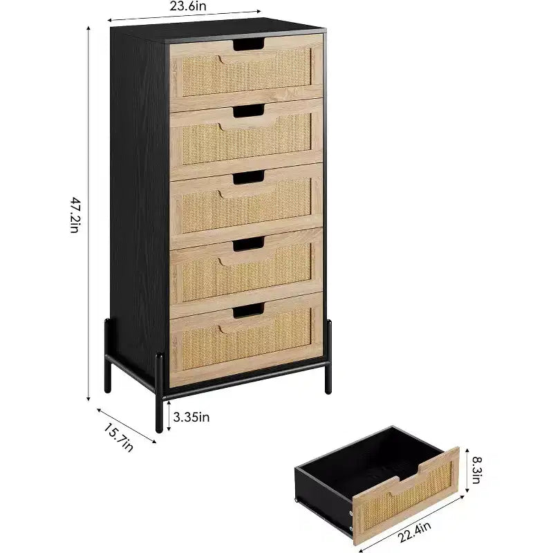COZONY Cassettiera a 5 cassetti in Rattan Naturale, Comodino Moderno in Legno Stile Fattoria con Solide Gambe in Metallo, Mobile Contenitore per Camera da Letto, Ingresso e Soggiorno
