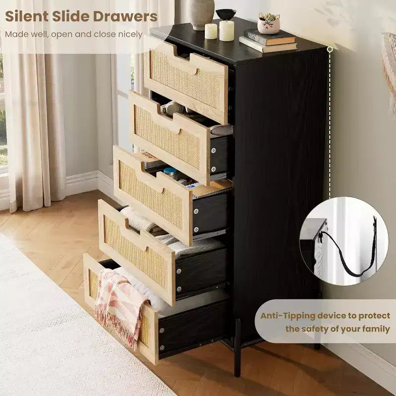 COZONY Cassettiera a 5 cassetti in Rattan Naturale, Comodino Moderno in Legno Stile Fattoria con Solide Gambe in Metallo, Mobile Contenitore per Camera da Letto, Ingresso e Soggiorno