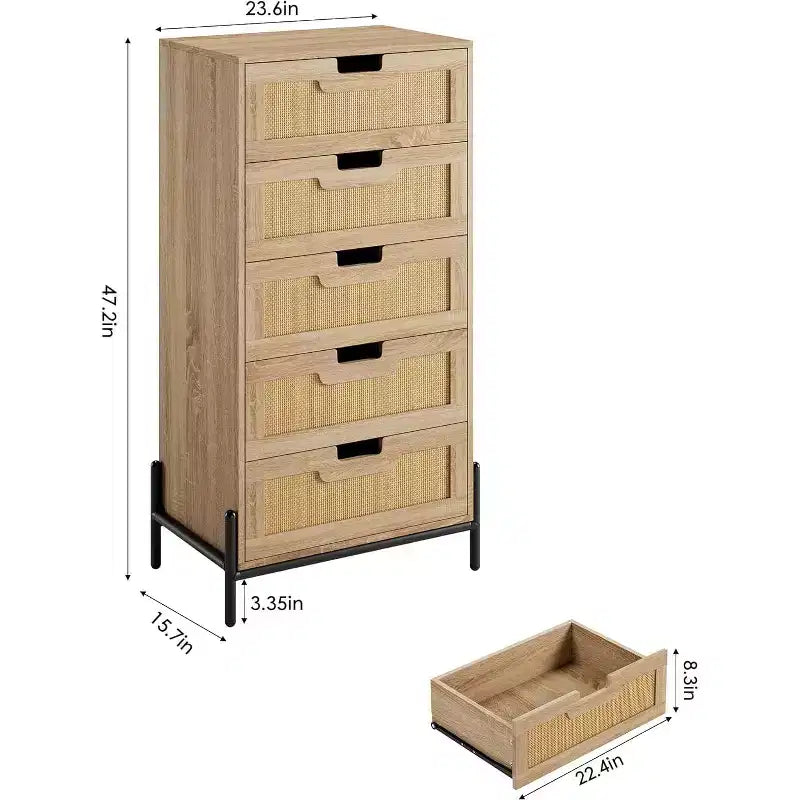 COZONY Cassettiera a 5 cassetti in Rattan Naturale, Comodino Moderno in Legno Stile Fattoria con Solide Gambe in Metallo, Mobile Contenitore per Camera da Letto, Ingresso e Soggiorno