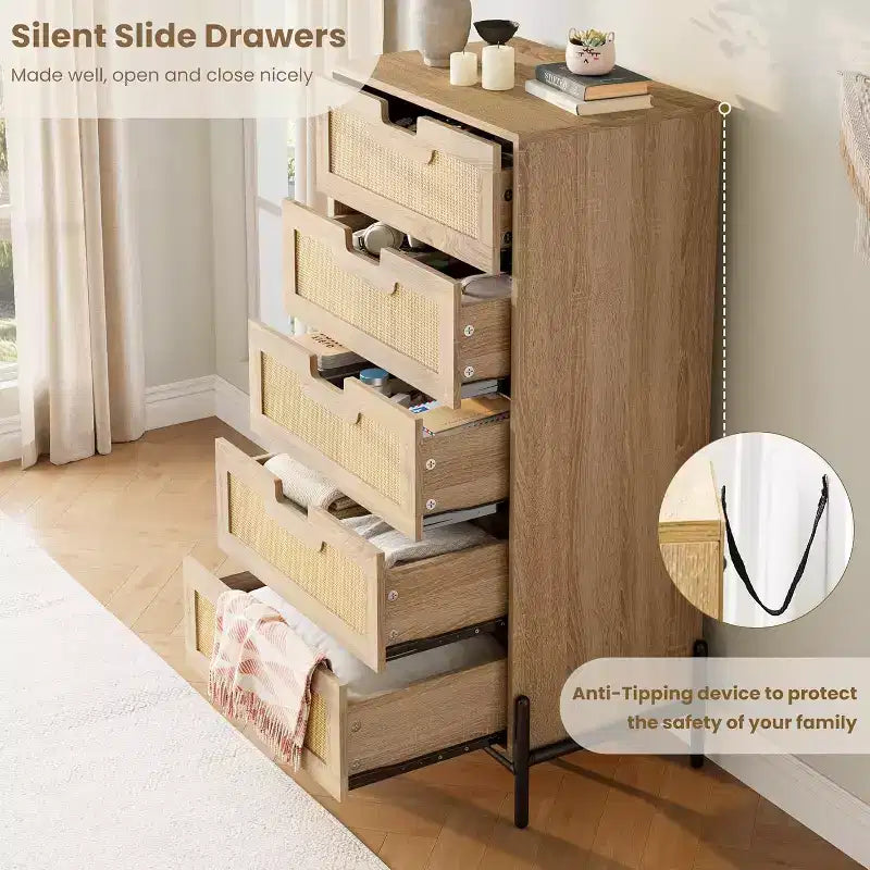 COZONY Cassettiera a 5 cassetti in Rattan Naturale, Comodino Moderno in Legno Stile Fattoria con Solide Gambe in Metallo, Mobile Contenitore per Camera da Letto, Ingresso e Soggiorno