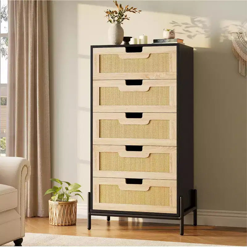 COZONY Natural Rattan 5-Drawer Dresser, Modern Farmhouse Wooden Chest with Solid Metal Legs, Bedroom, Entryway & Living Room Storage Cabinet