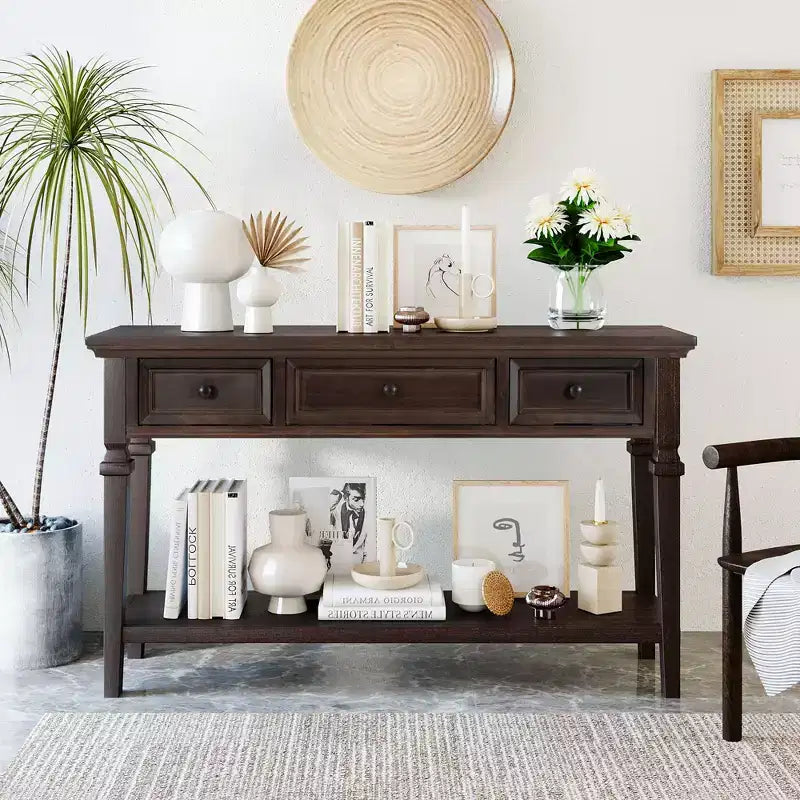 Consolle Vintage con Contenitore, Tavolo Stretto da Ingresso con Cassetti, Tavolo da Corridoio Stile Rustico con Ripiano Aperto
