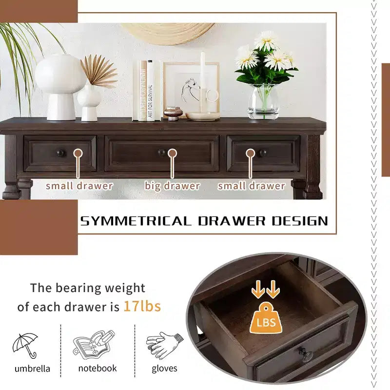 Consolle Vintage con Contenitore, Tavolo Stretto da Ingresso con Cassetti, Tavolo da Corridoio Stile Rustico con Ripiano Aperto