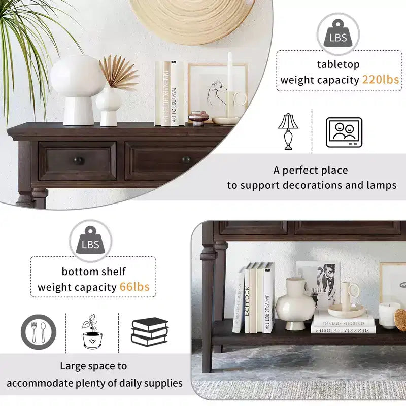Consolle Vintage con Contenitore, Tavolo Stretto da Ingresso con Cassetti, Tavolo da Corridoio Stile Rustico con Ripiano Aperto