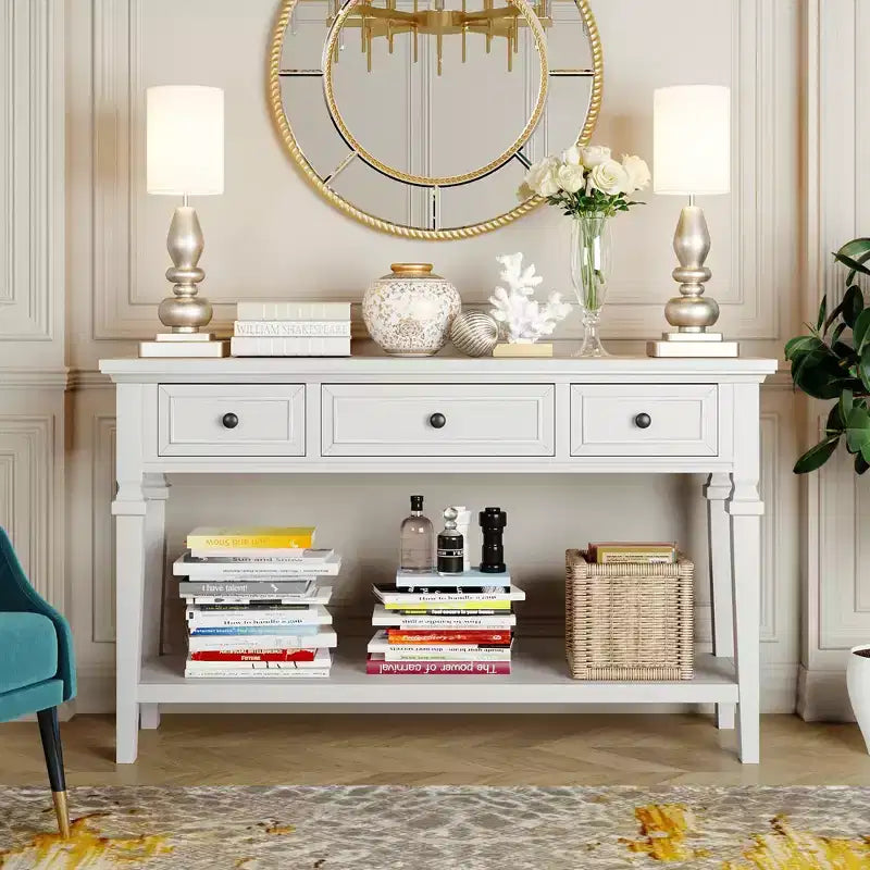 Consolle Vintage con Contenitore, Tavolo Stretto da Ingresso con Cassetti, Tavolo da Corridoio Stile Rustico con Ripiano Aperto