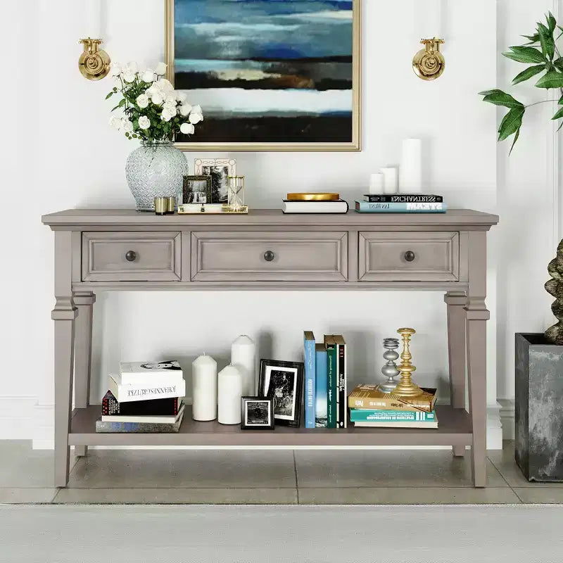 Consolle Vintage con Contenitore, Tavolo Stretto da Ingresso con Cassetti, Tavolo da Corridoio Stile Rustico con Ripiano Aperto