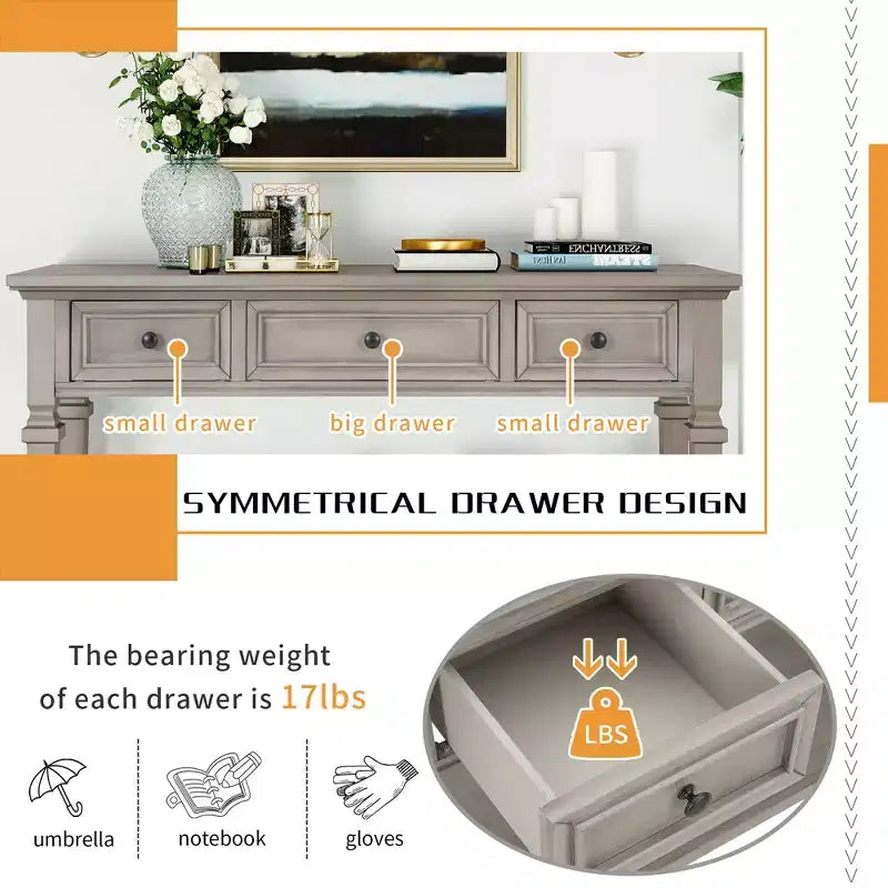 Consolle Vintage con Contenitore, Tavolo Stretto da Ingresso con Cassetti, Tavolo da Corridoio Stile Rustico con Ripiano Aperto