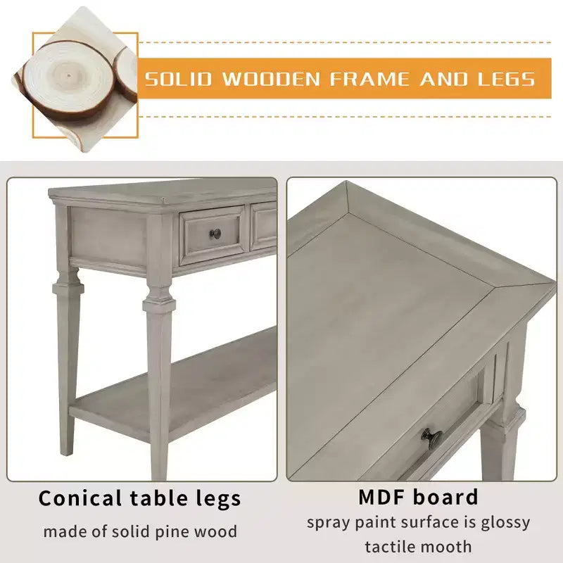 Consolle Vintage con Contenitore, Tavolo Stretto da Ingresso con Cassetti, Tavolo da Corridoio Stile Rustico con Ripiano Aperto