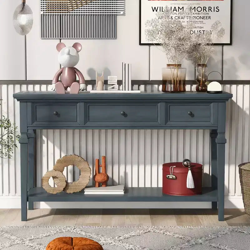 Consolle Vintage con Contenitore, Tavolo Stretto da Ingresso con Cassetti, Tavolo da Corridoio Stile Rustico con Ripiano Aperto