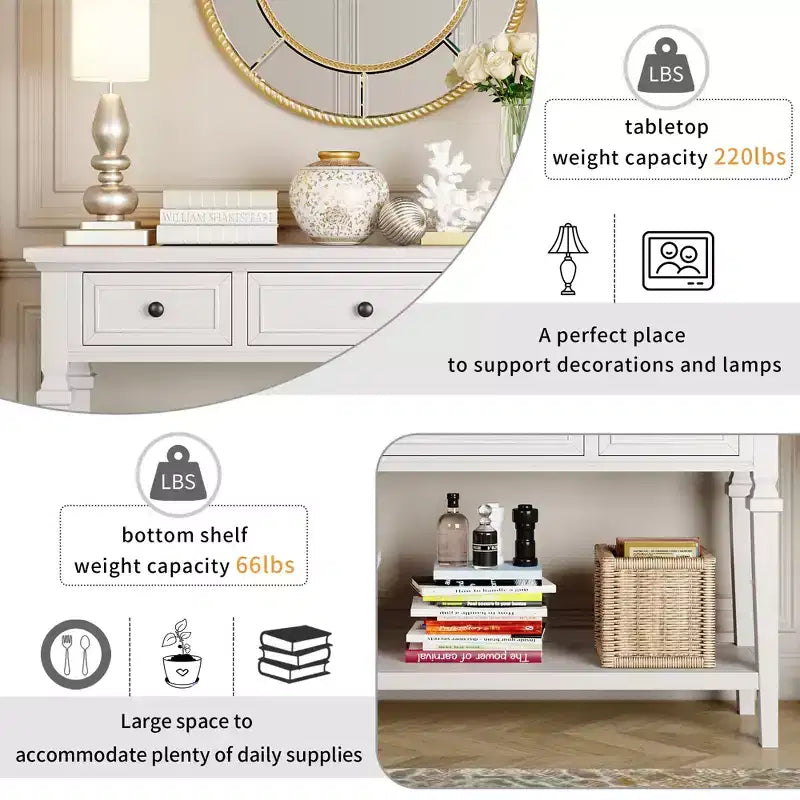 Consolle Vintage con Contenitore, Tavolo Stretto da Ingresso con Cassetti, Tavolo da Corridoio Stile Rustico con Ripiano Aperto