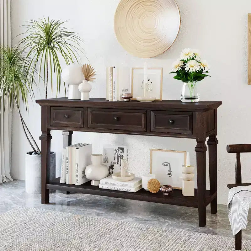 Consolle Vintage con Contenitore, Tavolo Stretto da Ingresso con Cassetti, Tavolo da Corridoio Stile Rustico con Ripiano Aperto