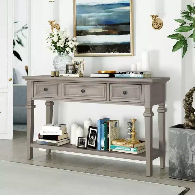 Consolle Vintage con Contenitore, Tavolo Stretto da Ingresso con Cassetti, Tavolo da Corridoio Stile Rustico con Ripiano Aperto