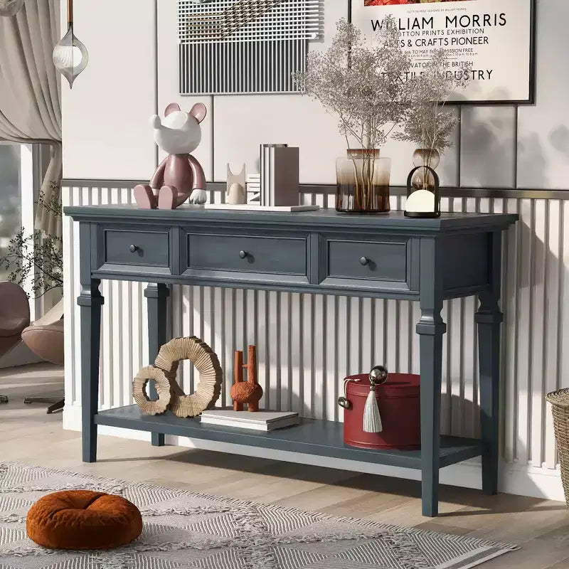 Consolle Vintage con Contenitore, Tavolo Stretto da Ingresso con Cassetti, Tavolo da Corridoio Stile Rustico con Ripiano Aperto