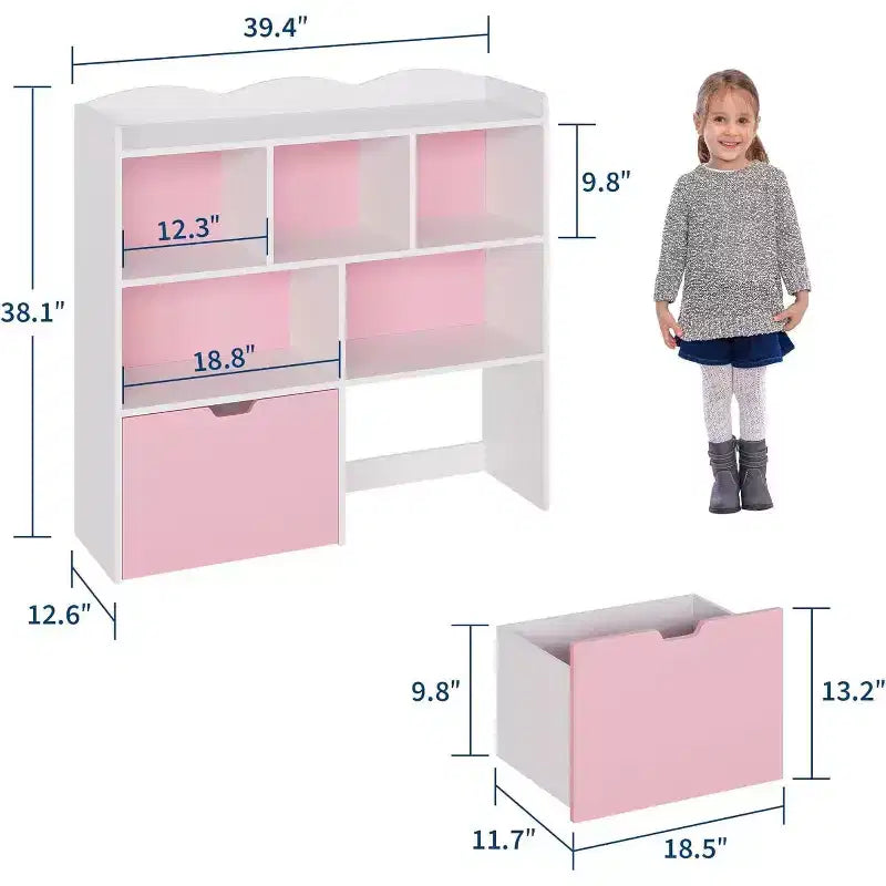Contenitore Portaoggetti Giocattoli con Cassetti Mobili, Libreria per Bambini con Ruote Nascoste e 5 Scomparti Aperti, Contenitore Multifunzionale a Pavimento per Sala Giochi