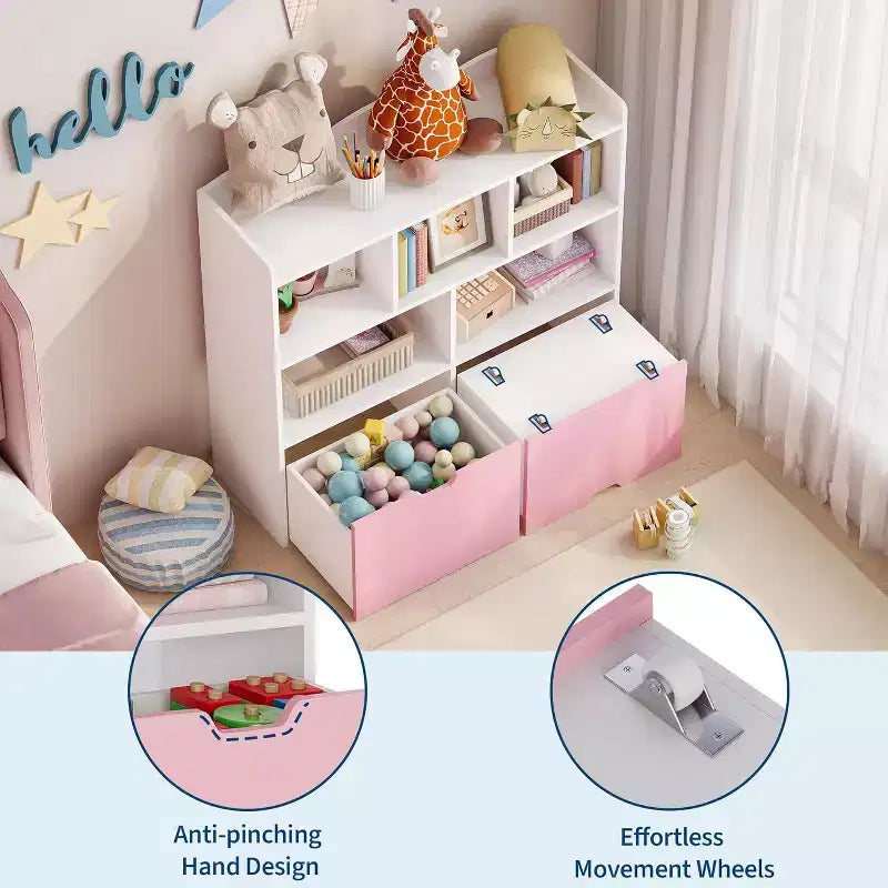Contenitore Portaoggetti Giocattoli con Cassetti Mobili, Libreria per Bambini con Ruote Nascoste e 5 Scomparti Aperti, Contenitore Multifunzionale a Pavimento per Sala Giochi