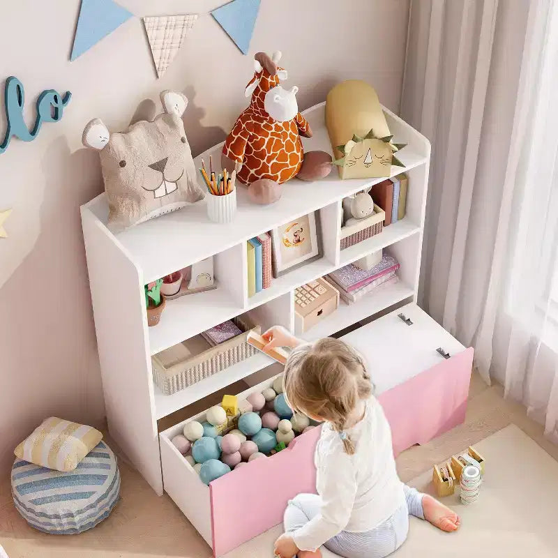 Contenitore Portaoggetti Giocattoli con Cassetti Mobili, Libreria per Bambini con Ruote Nascoste e 5 Scomparti Aperti, Contenitore Multifunzionale a Pavimento per Sala Giochi