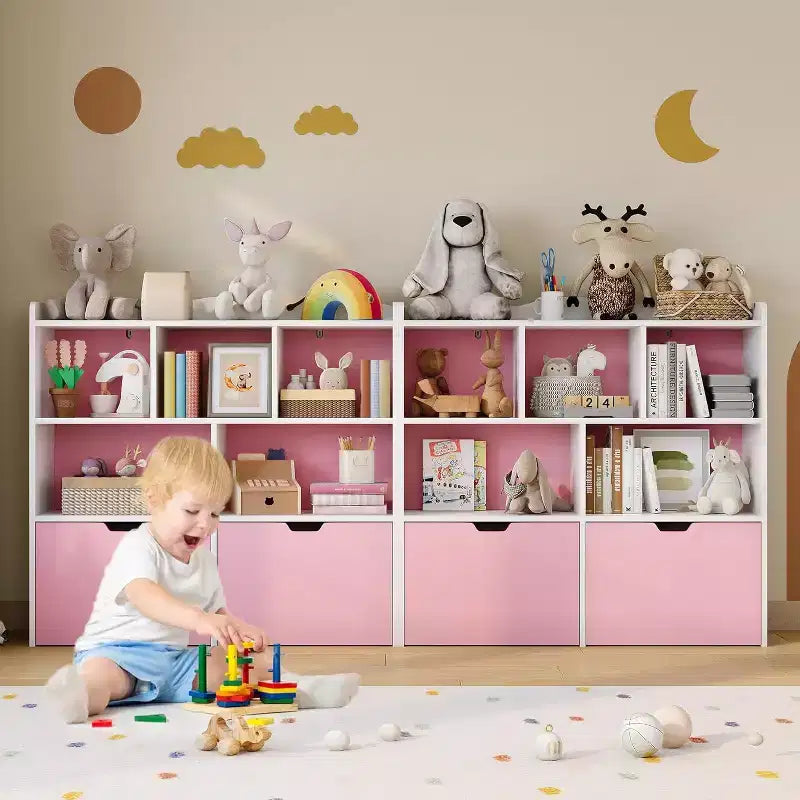 Contenitore Portaoggetti Giocattoli con Cassetti Mobili, Libreria per Bambini con Ruote Nascoste e 5 Scomparti Aperti, Contenitore Multifunzionale a Pavimento per Sala Giochi