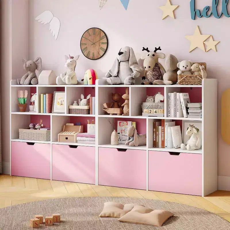 Contenitore Portaoggetti Giocattoli con Cassetti Mobili, Libreria per Bambini con Ruote Nascoste e 5 Scomparti Aperti, Contenitore Multifunzionale a Pavimento per Sala Giochi
