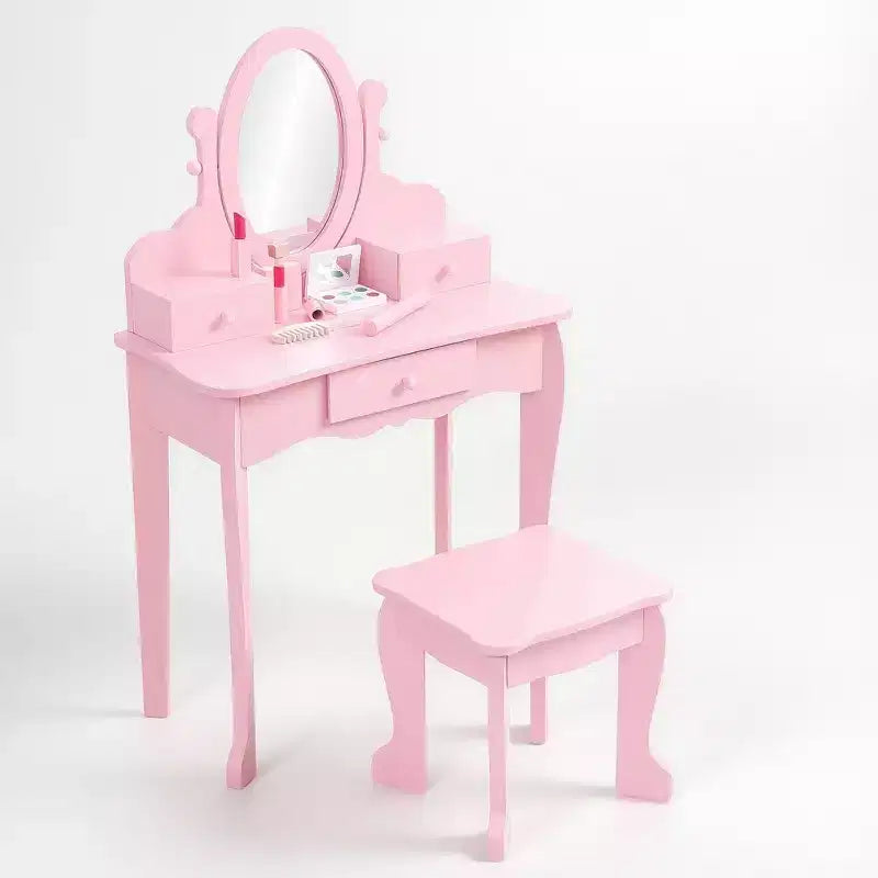 GustoWave Set toeletta rosa per bambini Tavolo da trucco in legno per bambine con specchio e sgabello regolabili, set da gioco per travestimento per età 49