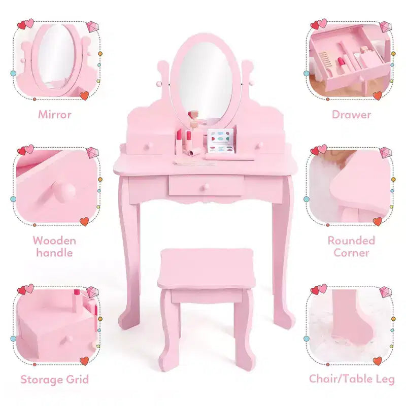 GustoWave Set toeletta rosa per bambini Tavolo da trucco in legno per bambine con specchio e sgabello regolabili, set da gioco per travestimento per età 49