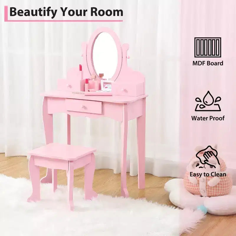 GustoWave Set toeletta rosa per bambini Tavolo da trucco in legno per bambine con specchio e sgabello regolabili, set da gioco per travestimento per età 49