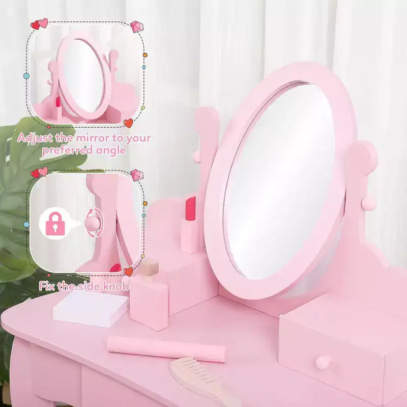 GustoWave Set toeletta rosa per bambini Tavolo da trucco in legno per bambine con specchio e sgabello regolabili, set da gioco per travestimento per età 49