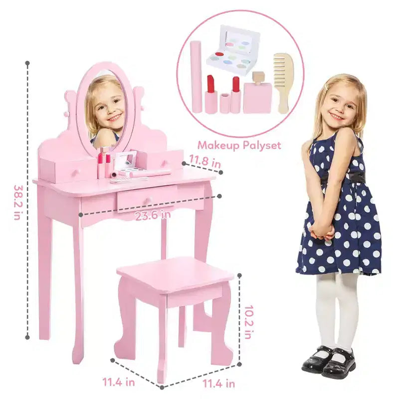 GustoWave Set toeletta rosa per bambini Tavolo da trucco in legno per bambine con specchio e sgabello regolabili, set da gioco per travestimento per età 49
