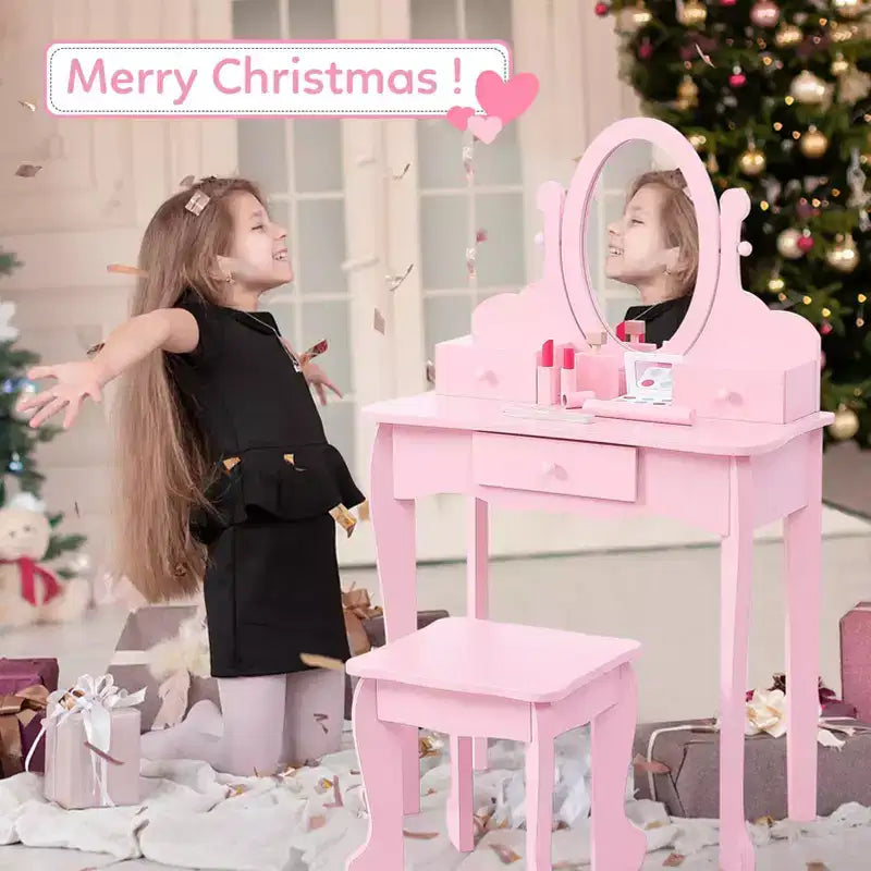 GustoWave Set toeletta rosa per bambini Tavolo da trucco in legno per bambine con specchio e sgabello regolabili, set da gioco per travestimento per età 49