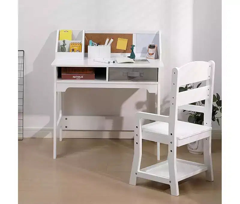 Set Scrivania e Sedia per Bambini, Tavolo da Studio in Legno con Contenitori, Libreria, Bacheca e Portapenne, Tavolo da Scrittura per Bambini e Bambine