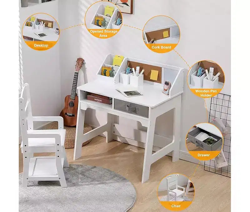 Set Scrivania e Sedia per Bambini, Tavolo da Studio in Legno con Contenitori, Libreria, Bacheca e Portapenne, Tavolo da Scrittura per Bambini e Bambine