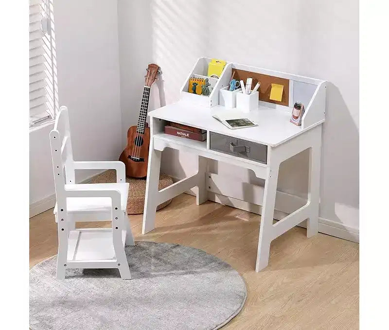 Set Scrivania e Sedia per Bambini, Tavolo da Studio in Legno con Contenitori, Libreria, Bacheca e Portapenne, Tavolo da Scrittura per Bambini e Bambine
