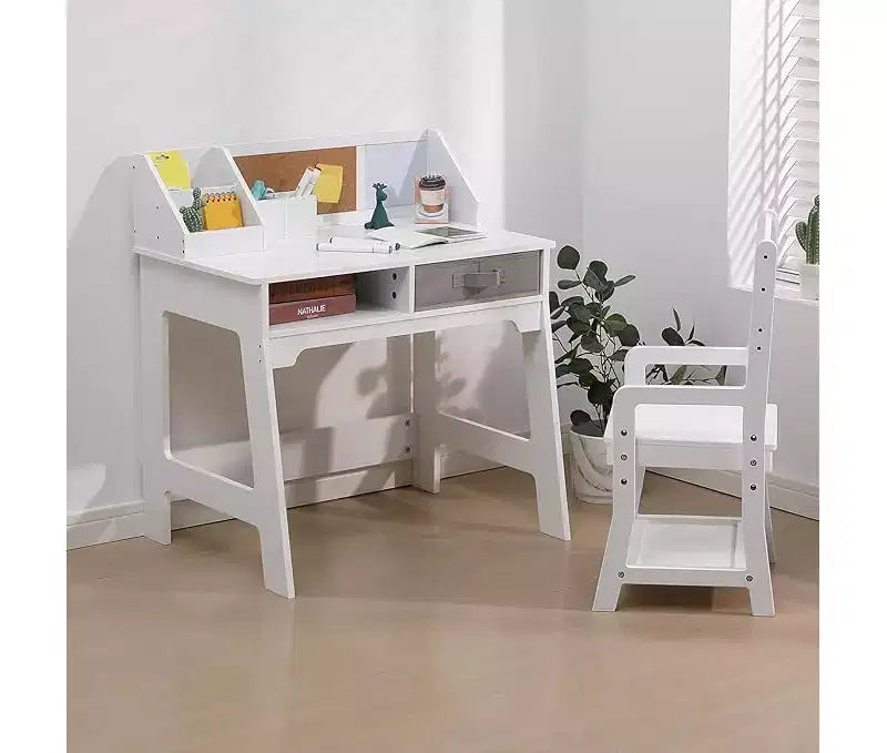 Set Scrivania e Sedia per Bambini, Tavolo da Studio in Legno con Contenitori, Libreria, Bacheca e Portapenne, Tavolo da Scrittura per Bambini e Bambine