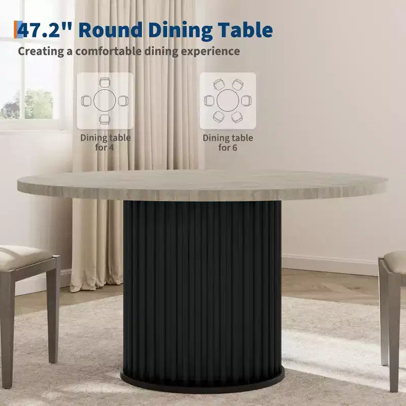 Tavolo da pranzo rotondo da 47", 4-6 posti, stile rustico con robusta base a piedistallo in metallo ondulato per cucina o sala da pranzo