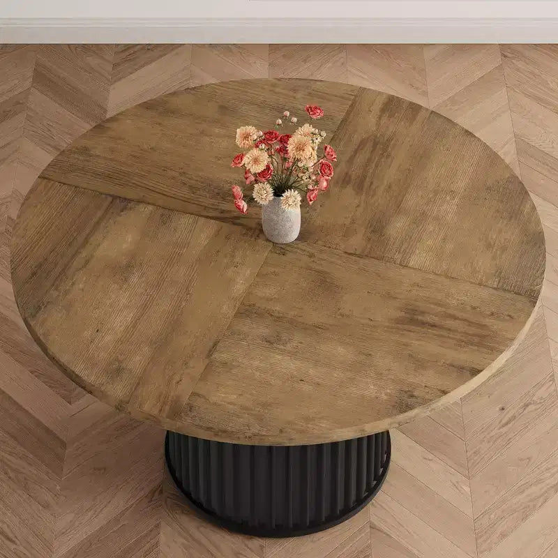 Tavolo da pranzo rotondo da 47", 4-6 posti, stile rustico con robusta base a piedistallo in metallo ondulato per cucina o sala da pranzo