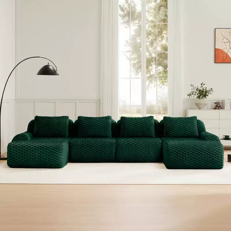 146 U-Shaped Modular Sofa Flannelette 4-Seater Ottoman Buckle No Assembly Green