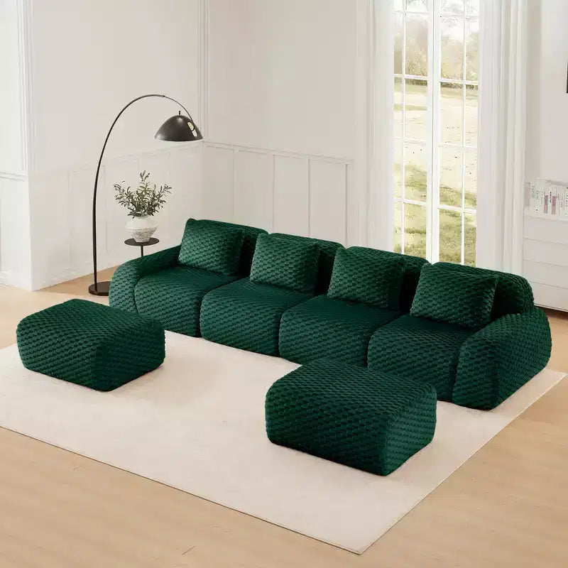 146 Divano modulare a U in flanella a 4 posti con pouf con fibbia senza montaggio Verde