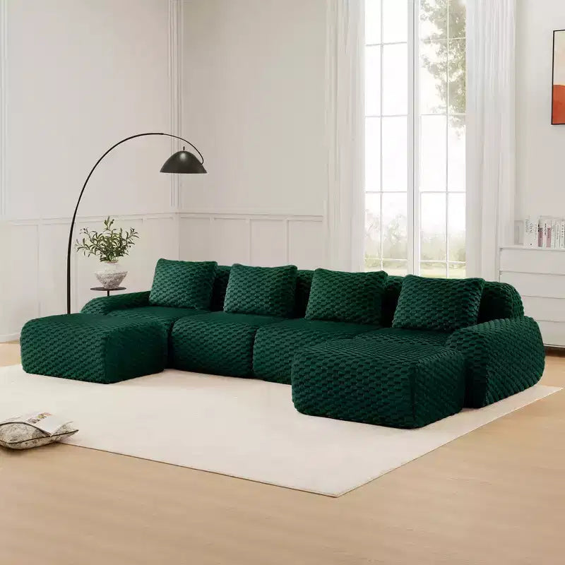 146 Divano modulare a U in flanella a 4 posti con pouf con fibbia senza montaggio Verde